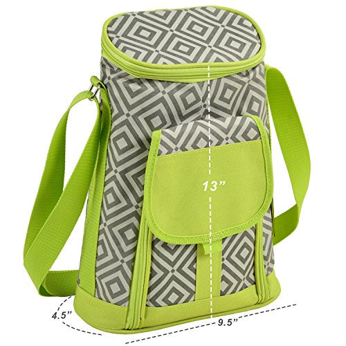 Picnic at Ascot Stylish 2 Bottle Insulated Wine Tote Bag With Cheese Board, Granite Grey/Green