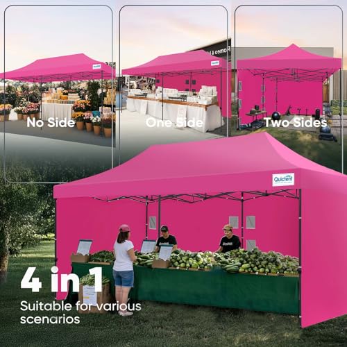 Quictent 10x20 Heavy Duty Pop up Canopy Tent with 3 Removable Sidewalls, Commercial Grade Instant Shelter with Wheeled Bag for Outdoor, Parties, Markets, 600D PU Coated UPF 50+ Sun Shield - color: Pink, size: 10x20