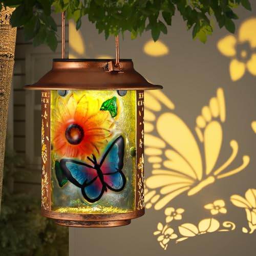 Butterfly Solar Lanterns Outdoor Waterproof, Birthday Gifts for Women Mom Grandma , Metal Garden Decor Hanging Solar Lights Outside Decorative for Yard Patio Backyard Porch Decorations(Sunflower) - style: Butterfly+Sunflower