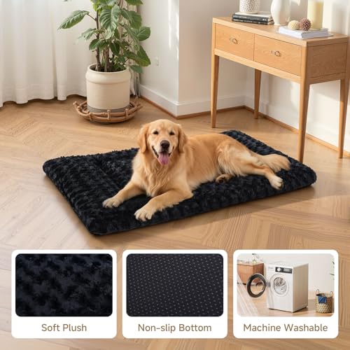 Washable Dog Bed Mat Soft Dog Crate Pad Fluffy Pet Kennel Beds Sleeping Mattress with Non-Slip Bottom for Large Jumbo Medium Small Dogs, 29 x 18 Inch, Black - color: Black, size: 29.00" x 18.00" x 1.50"