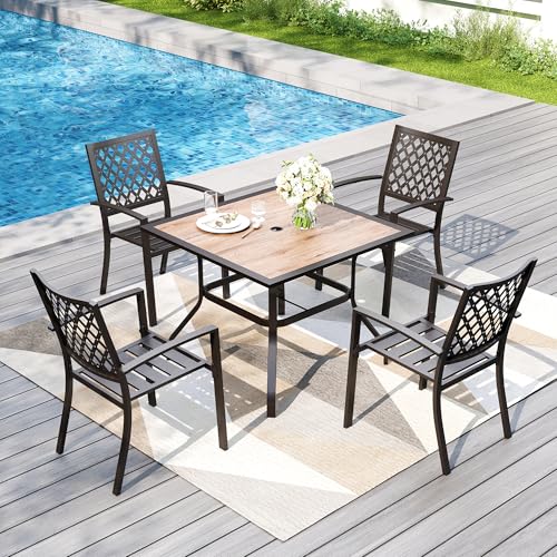 PHI VILLA 5 Pieces Outdoor Dining Set for 4, 37" Square Metal Table with Polywood Top & Stackable Wrought Iron Chairs, Outside Furniture for Patio, Deck, Porch, Backyard - color: Net Back Chair, size: 5PCS-37" Wood Top Table