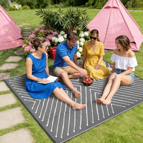 Garvee Modern Striped 5x8 Outdoor Rug Quick Dry Waterproof Reversible Plastic Straw Patio Mat Portable RV Camping Rug for Picnic, Beach, Balcony, Deck UV Protected & Easy to Clean, Grey&White. - color: Greywhite, size: 5' x 8' (Rectangular)