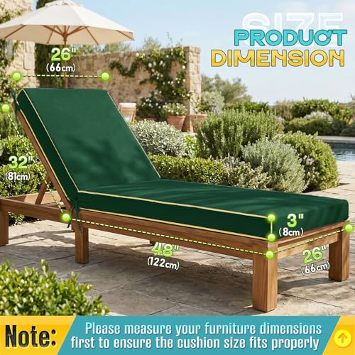 Outdoor Chaise Lounge Cushions 2 Pack, Patio Lounge Chair Pads with Removable Washable Cover, Quick Dry Foam Cushions for Pool, Lawn, Deck (2, Green（80X26X3in） - color: Green（80x26x3in）