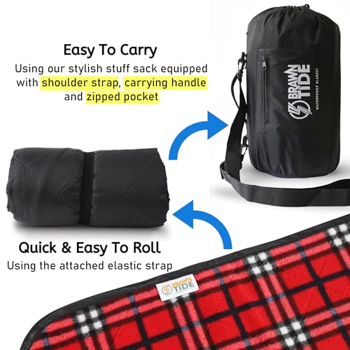 BRAWNTIDE Large Outdoor Waterproof Blanket - Extra Thick Fleece, Warm, Windproof, Sandproof, Quilted, 82" x 55", Ideal for Beaches, Picnics, Camping, Stadiums, Dogs, Car - color: Plaid Red
