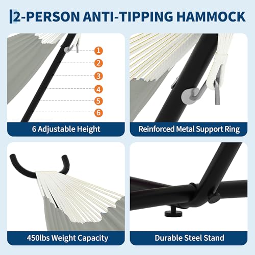 Double Hammocks with Stand for Outside, Portable Space Saving Heavy-Duty Steel Stand for Indoor Outdoor Patio with Carrying Bag, 450 lbs Capacity - color: Light Gray