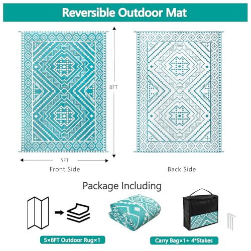 Waterproof Outdoor Rug 5x8 ft, Reversible Plastic Straw Mat, Large Floor Mat for Patio, Camping, Picnic, Backyard RV, Deck, Teal - color: Teal, size: 5' x 8'