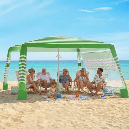 Zeraty Beach Cabana 8'×8', Portable Beach Canopy with Side Wall, UPF 50+ Silver-Coated Beach Tent Sun Shelter, Wind Resistant Adjustable Altitude Beach Umbrella Tent for Family, Green - color: Green