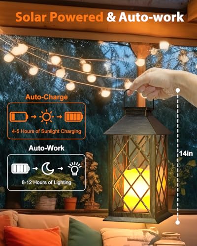 Otdair Solar Lanterns Outdoor Waterproof, 2 Pack 14" Solar Lantern with Glass Retro LED Flickering Flameless Candle,Lanterns Decorative Outdoor for Gift, Yard, Garden, Patio, Balcony,Porch, Party - color: Bronze, size: 14inch（Large）