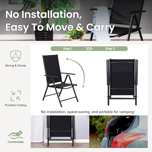 PHI VILLA Outdoor Patio Dining Set for 4, Patio Table and Chairs Set with Folding Patio Chairs & Square Wood Like Top Table for Garden, Deck and Lawn, Black - color: Black, size: 5 Piece Square
