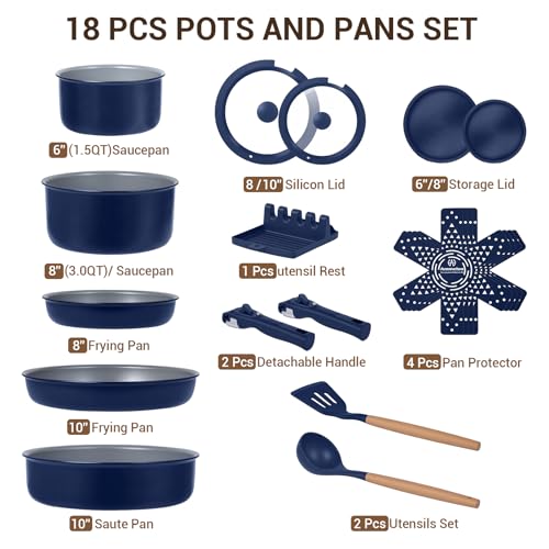 Ammeloo 18-Piece Ceramic Pots and Pans Set Non Stick, Non Toxic Cookware Set with Removable Handles, Pot Sets for Cooking, Induction Ready, Dishwasher & Oven Safe, PFAS PFOA & PTFE Free (Navy Blue) - color: Navy Blue
