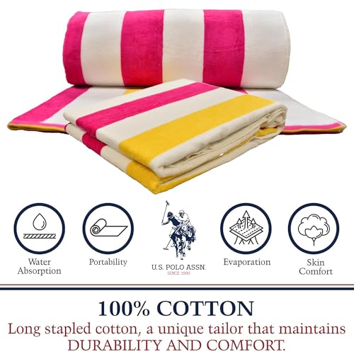 U.S. POLO ASSN. Oversized (40” x 70”) Striped Nautical Design Beach Towel - Luxury Plush Cotton Hotel Quality for Bath, Pool - Cabana Stripe Fuchsia/Yellow - color: Cabana Stripe Fushia/Yellow, size: 40" x 70"