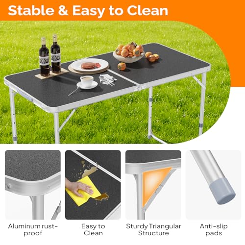 VINGLI 4FT White Folding Table with Carrying Handle Height Adjustable Lightweight Fold Up Portable for Indoor Outdoor Picnic,Camping,Hiking,Fishing,BBQ … - color: Black, size: 4ft