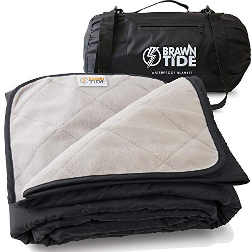 BRAWNTIDE Large Outdoor Waterproof Blanket - Extra Thick Fleece, Warm, Windproof, Sandproof, Quilted, 82" x 55", Ideal for Beaches, Picnics, Camping, Stadiums, Dogs, Car - color: Black