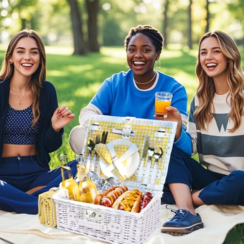 Picnic Basket Set for 4 with Waterproof Blanket Mat Insulation Bag Wicker White Yellow Light Fresh Gifts for Wedding Birthday Summer Camp Outdoor Camping Beach Travel Christmas Thanksgiving - color: Yellow Grid