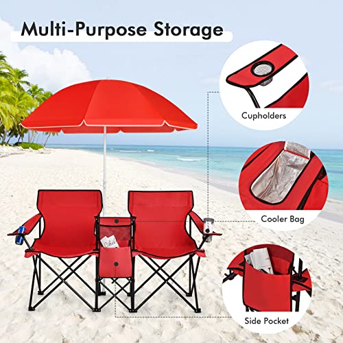 LDAILY LUARANE Folding Double Camping Chair, Outdoor Picnic Chairs w/Removable Umbrella, Mini Table, Cup Holder & Carrying Bag, Portable Camping Loveseat for Patio, Pool, Lawn, Beach, Park (Red) - color: Red