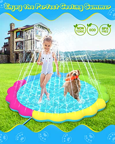 Raxurt Dog Pool, 59in Anti-Slip Splash Sprinkler Pad for Dogs 0.55mm Thickened Durable Upgrade Bath Pool Pet Summer Outdoor Water Toys Backyard Fountain Play Mat, Colorful - color: Colorful, size: 59in