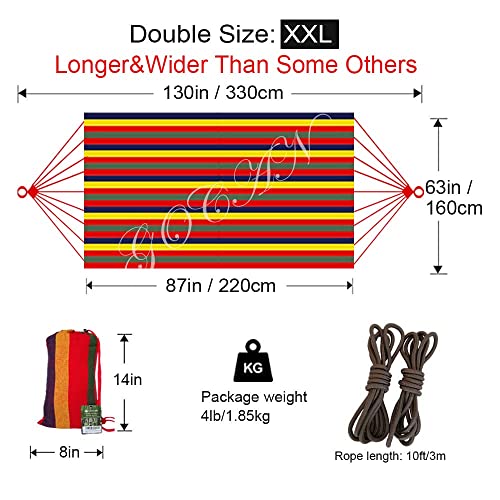 GOCAN Brazilian Double Hammock 2 Person Extra Large 220x160cm Total Length 330cm Load 500lb Canvas Cotton Hammock for Patio Porch Garden Backyard Lounging Outdoor and Indoor(Rainbow) XXL - color: Rainbow Stripe, size: XX-Large
