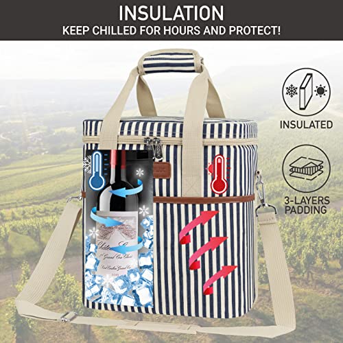 opux 6 Bottle Carrier Tote | Insulated Padded Wine Cooler Bag for Travel. Picnic, BYOB | Portable Leakproof Wine Tote Bag for Dinner, Party, Christmas, Wine Gift for Women, Men (Stripe Navy) - color: Stripe Navy, size: 6 Bottle