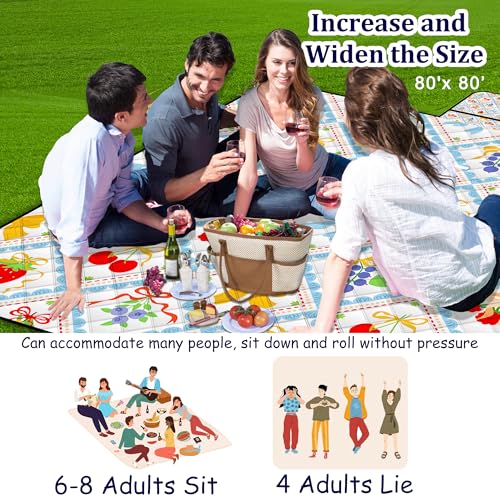 Extra Large Picnic Blanket Waterproof,80"x 80"Foldable Machine Washable Beach Blanket,Outdoor Blanket for 6-8 Adults,Suitable for Indoor Crawling,Park Beach,Camping,Hiking,Family Travel(Fruit) - color: Blue Fruit, size: 6'8" x 6'8" (Square)