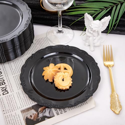U-QE 100PCS Black Plastic Plates, Heavy Duty Black Plates Including 50PCS 10'' Dinner Plates & 50PCS 7.5'' Dessert Plate - Hard Plastic Plate for Party Wedding Bridal Shower - color: Black