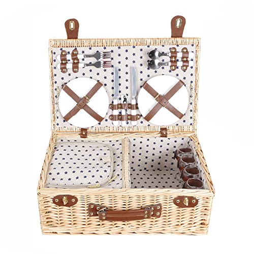 Storage Basket,Willow Picnic for 4 Wicker Set Hamper with Insulated Liner &Cutlery Service Kit, Accessories for Camping,Wedding,Valentine Day,Gift - color: A, size: 54x34x20cm