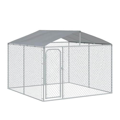 PawHut Outdoor Dog Kennel, Heavy Duty Dog Run Outdoor Fence with Waterproof Cover, Galvanized Chain Link, Secure Lock, 9.8' x 9.8' x 7.7' - size: 118.0"L x 118.0"W x 92.3"H