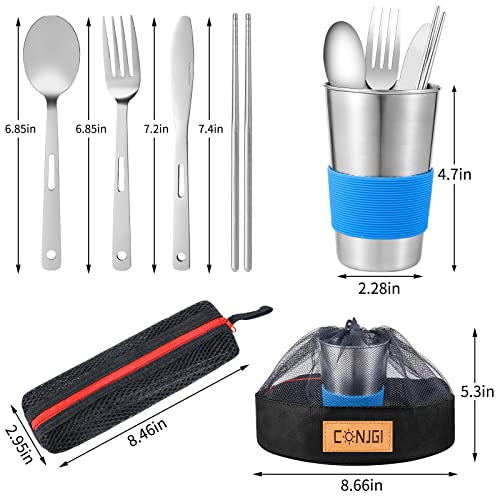 Outdoor Camping Mess Kit - 1 to 2 persons Camping Dishes Includes Cups, Bowls, Dishes, Knives, Forks, Spoons, Etc, Camping Dinnerware Set with Mesh Bag is Easy to Carry Camping Tableware Set - color: 2-person set blue