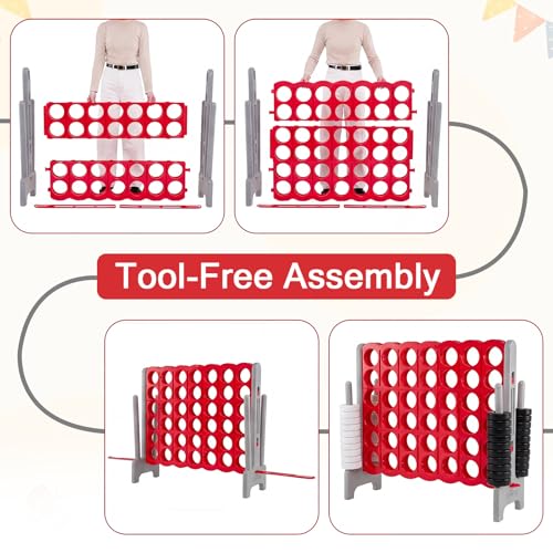 COSTWAY Giant 4-in-a-Row Game Set, Jumbo 4-to-Score for Kids and Adults with 42 Jumbo Rings & Quick-Release Slider, Indoor Outdoor Yard Party Game for Lawn, Holiday Party & Family (Red & Grey) - color: Red & Grey