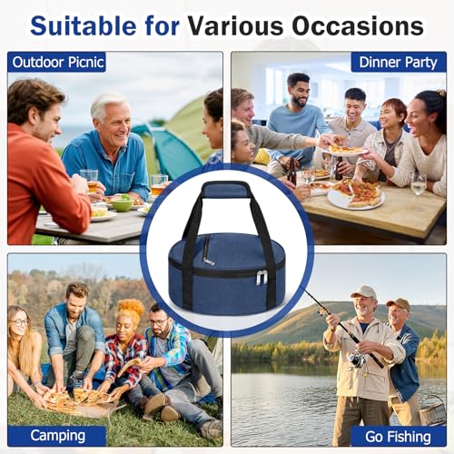 Round Insulated Casserole Carrier – 12" Portable Pie Carrier Bag for Hot or Cold Food, Leakproof Thermal Lunch Tote with Handle for Parties Picnic & Travel - Navy Blue - color: Navy Blue, size: Single