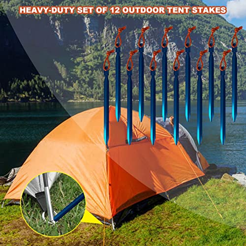 12 Pack Tent Stakes, 7075 Ground Metal Camping Aluminum Tent Pegs, Lightweight Tent Stakes Heavy Duty Spikes Camping Accessories - color: Blue