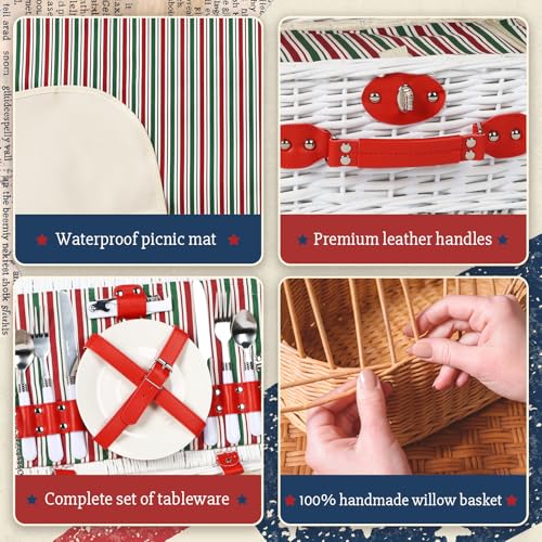 Wicker Picnic Basket for 2 with Waterproof Picnic Blanket and Insulated Bag Red and Green Color Scheme for Soccer Game, Camping, Travel, Birthday Gift, Wedding Gift - color: Classic Red and Green Stripes