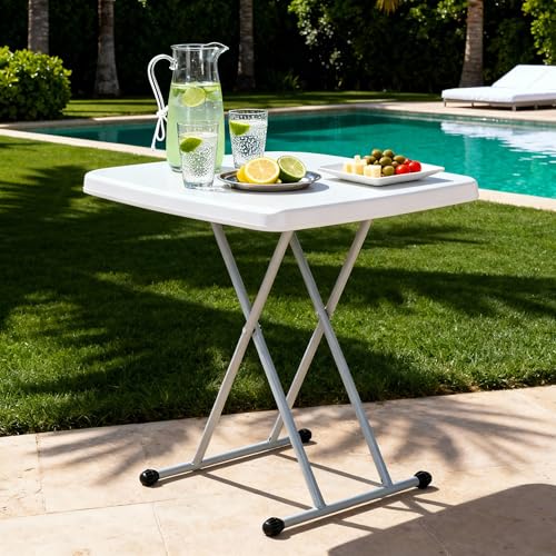 SUPER DEAL 2.5 Foot Plastic Folding Table, Indoor Outdoor Portable Heavy Duty Adjustable Height Kitchen or Camping Barbecues Picnic Party Tray Table, White - color: White, size: 31"x20", style: Rectangular