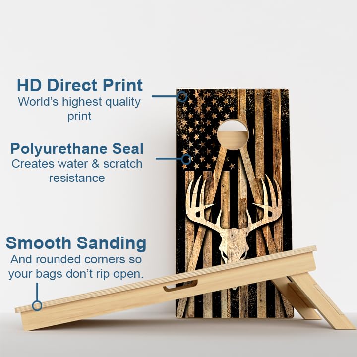CornholeGamesUSA Pro Cornhole Boards Set | Made in USA | 3/4 Baltic Birch | No Bounce | Triple Thick Legs | Two Brace & Handles, Tournament 2x4 Regulation Set with Score Tower & Cornhole Bags - color: Deer Wood Flag