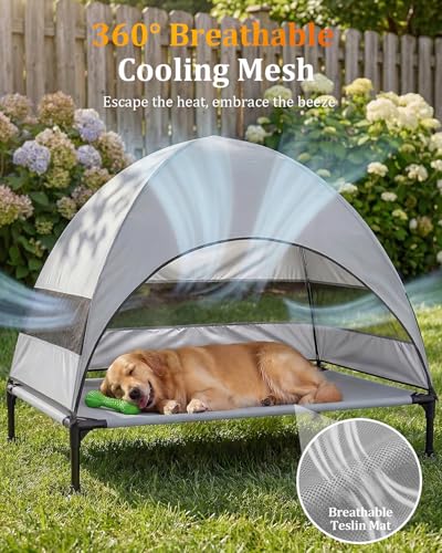 Elevated Dog Bed with Canopy - 3-Sided UV Protection Pet Tent with Wider Shade, Raised Cooling Outdoor Dog Cot with Breathable Mesh for Medium Large Dogs, Portable Pet Bed for Camping, Patio (Grey, L) - color: Grey, size: Large
