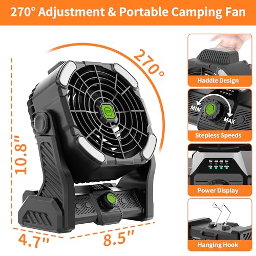 Battery Powered Fan, 20000mAh Coldless Fan Rechargeable Fan Portable,270°Head Rotation Camping Fan with LED Light & Hook,Quiet USB Table Fan Battery Operated Fan Camping Fan for Tents Black X26 - color: X26 Black