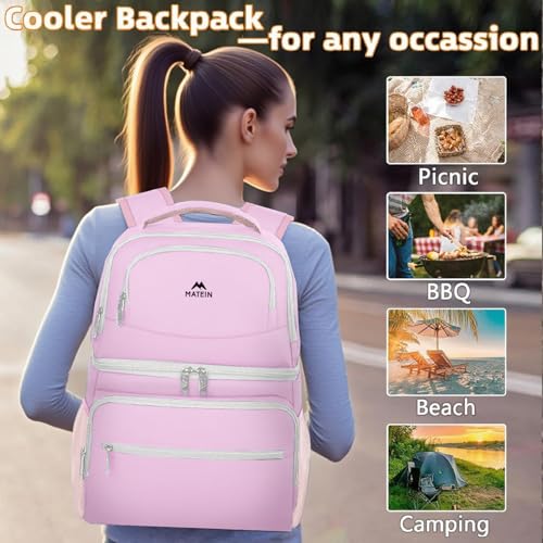 MATEIN Cooler Backpack, 26 Cans Insulated Lunch Backpack for Men Women, Leakproof Double Layer Lunch Cooler Bag Lightweight Soft Lunch Backpack with Cooler Compartment, Beach Camping Hiking Beer Gifts - color: Pink, size: 26 Cans