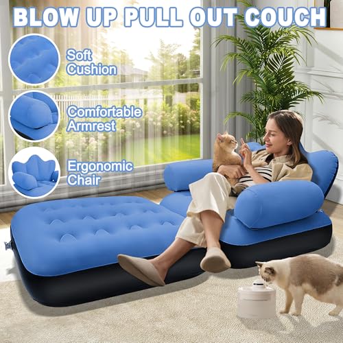 SeaSlep Blow Up Pull Out Couch with Headboard,Inflatable Couch with Flocked Surface,Folding Inflatable Chair for Adults,Portable Air Sofa Bed,Durable Air Couches,Inflatables couches for Camping-1pc