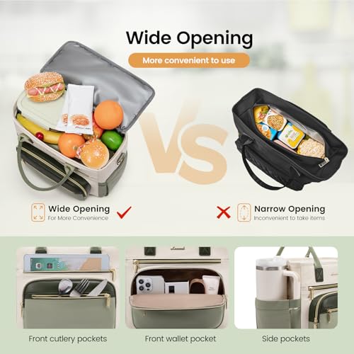 LOVEVOOK Insulated Lunch Bag Women,Wide Opening Adult Lunch Box Women,Large Leakproof Cooler Bag for Work Picnic Beach Family College,Lunch Teacher Tote Bag with Adjustable Shoulder Strap Cup Holder - color: Off White with Green, size: Large —13l