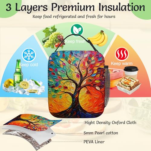 Insulated Small Lunch Box,Tree of Life Reusable Lunch Bag for Kids Adult Women,Colorful Leaves Large Capacity Portable Thermal Bag with Mutiple Pockets for School,Work,Picnic - color: Tree of Life