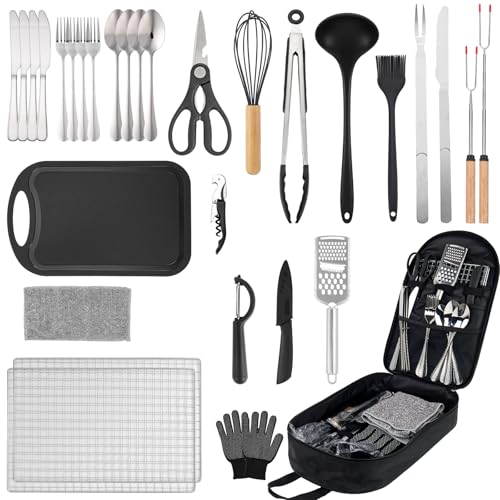Camping Accessories Kitchen Cooking Utensils Set, Portable Outdoor Camp Cookware Set, Silicone Camper Essentials Gear Must Have Supplies for Travel RV BBQ Grill Picnic Hiking