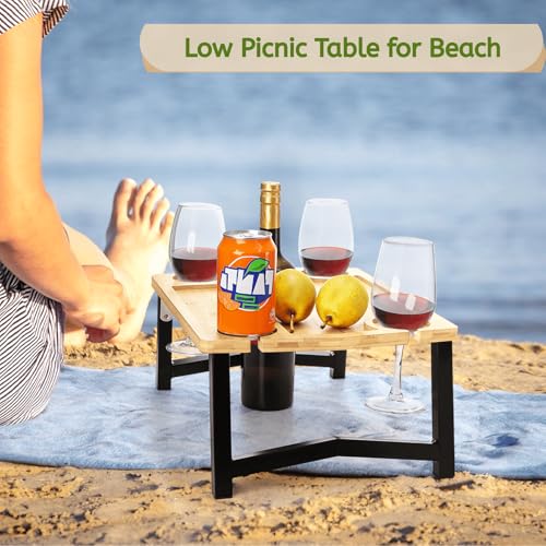 Youeon Portable Wine Picnic Table with Glass Holder, Foldable Durable Picnic Charcuterie Board, Small Wine Table Snack & Cheese Tray for Picnic, Beach, Camp, Park, Wine Lover Gift
