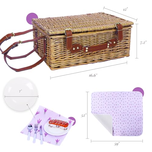 Neti Neti Wicker Picnic Basket for 4 with Insulated Cooler & Waterproof Blanket – Large Willow Picnic Hamper for Outdoor, Camping, Beach, Romantic Dates, Valentine’s Day - color: Purple Flowers