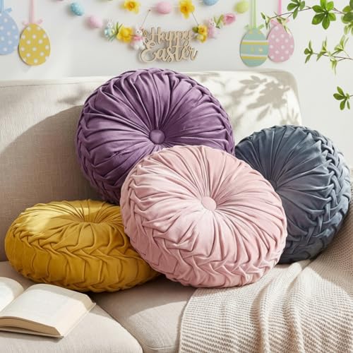 Kathfly Set of 4 Decorative Round Pleated Throw Pillows, Classy Velvet Pumpkin Round Throw Pillows, Decorative Floor Pillow for Bed Chair Home Sofa Decor, 14" Diameter(Pastel Color) - color: Pastel Color