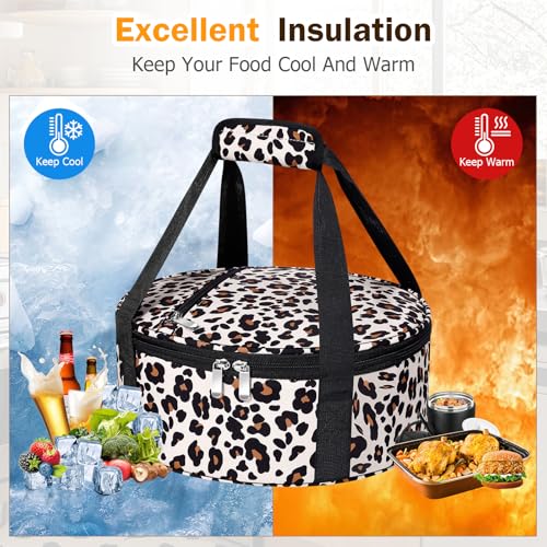 Round Insulated Casserole Carrier – 12" Portable Pie Carrier Bag for Hot or Cold Food, Leakproof Thermal Lunch Tote with Handle for Parties Picnic & Travel - Leopard - color: Leopard, size: Single