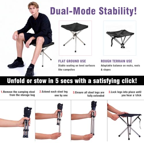 Ultra-Lightweight Camping Stoo - 260lbs Capacity | 13.8in Expanded Height | 1.2lbs Ultra-Light & Waterproof | 1-Pull Quick Setup for Camping, Hiking, Fishing, BBQ & Waiting in Line (Black) - color: Black