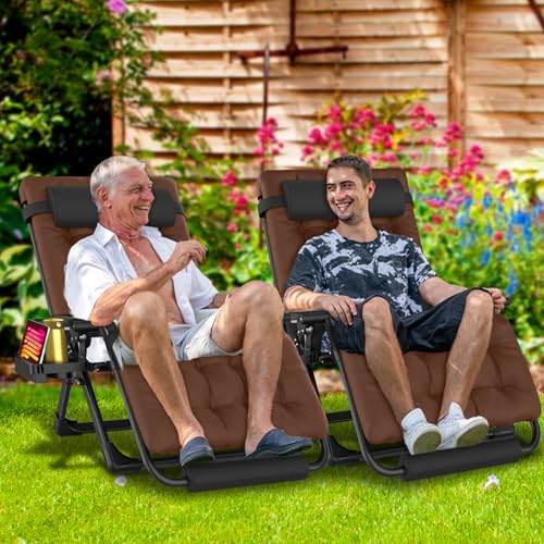 Oversized Zero Gravity Chair, 33In XXL Padded Lounge Chair, Recliner Chair W/Cushion& Storage Bag, Footrest, Reinforced Full-Alu Alloy Lock, Larger Cup Holder, for Indoor Outdoor, 500lbs Max - color: 33in - Brown
