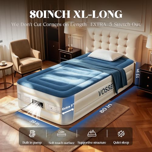 VOSSER Twin Air Mattress with Built-in Pump,Fast & Easy Inflation/Deflation Inflatable Mattress, Foldable Blow Up Mattress with Storage Bag, Inflatable Bed for Home, Camping & Guests - color: Blue, size: Twinxl 15''(standard Height)