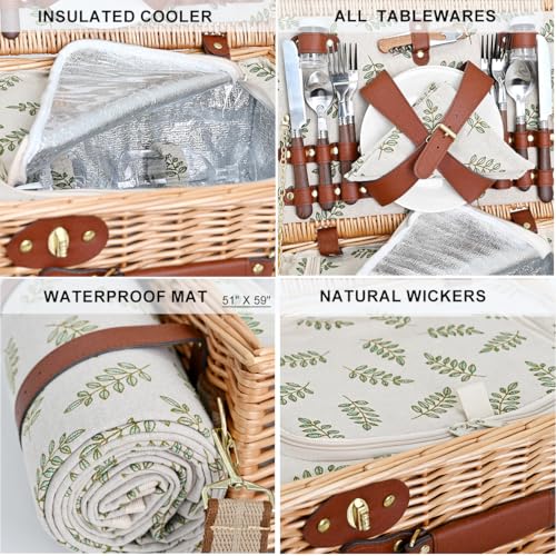 Picnic Basket with Blanket and Wine Pouch for 4, Wicker Picnic Set with Insulated Liner Cooler Bag Hamper for Camping,Wedding - Leaf - color: Leaf With Blanket for 4
