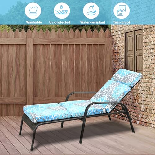 JMGBird 73" Outdoor Chaise Lounge Cushion - Waterproof Tri-Fold Patio Chair Cushion with Removable Cover, Thick Padded for Pool Garden Furniture - color: Light Blue With White