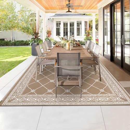 Outdoor Rug 9'x18' for Patios Waterproof Patio Rugs Outdoor Mats for Front Porch,Beach Mat,Reversible Plastic Straw Camping Rugs for Outside RV,Deck,Balcony,Backyard (Beige Tan, 9'x18') - color: Beige Tan, size: 9' x 18' (Rectangular)